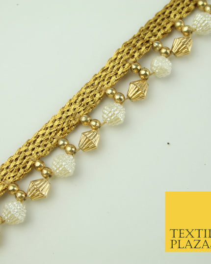 Ivory Antique Gold Textured Pearl Cone Beaded Ribbon Trim Border Indian LaceX322