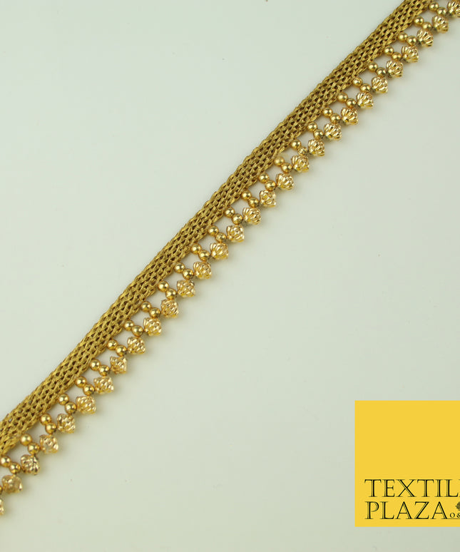 Antique Gold Textured Pearl Cone Beaded Ribbon Trim Border Indian Lace X321