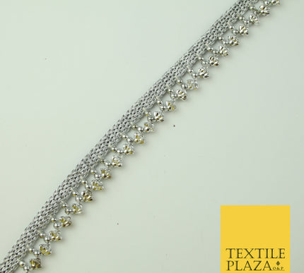 Silver Chrome Textured Pearl Cone Beaded Ribbon Trim Border Indian Lace X323