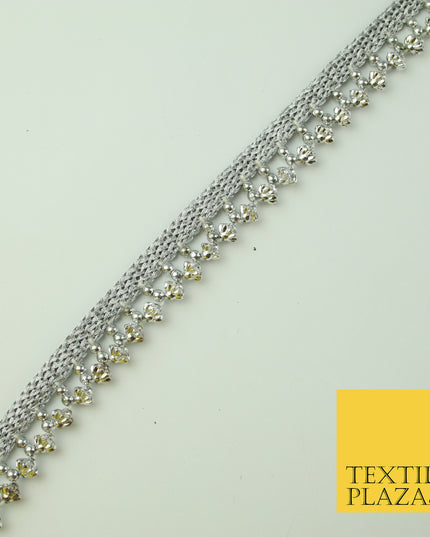Silver Chrome Textured Pearl Cone Beaded Ribbon Trim Border Indian Lace X323