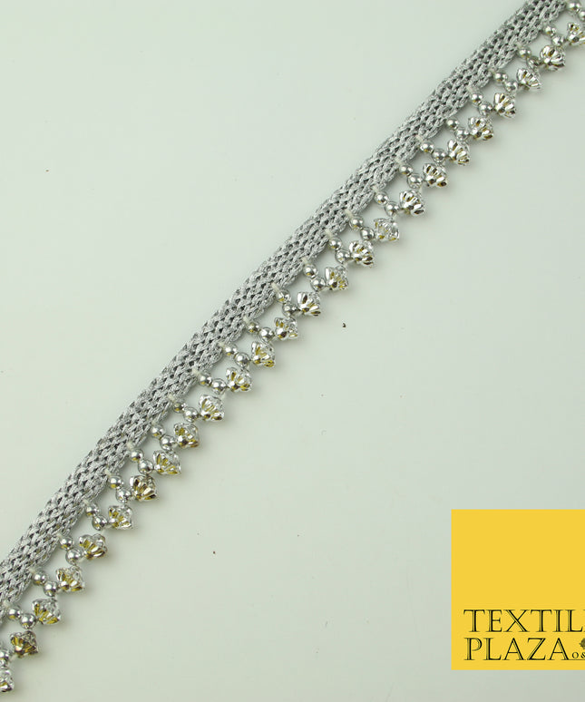 Silver Chrome Textured Pearl Cone Beaded Ribbon Trim Border Indian Lace X323