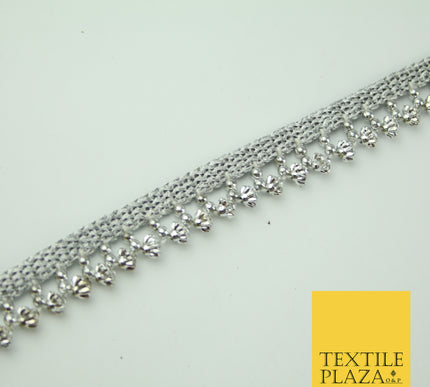 Silver Chrome Textured Pearl Cone Beaded Ribbon Trim Border Indian Lace X323