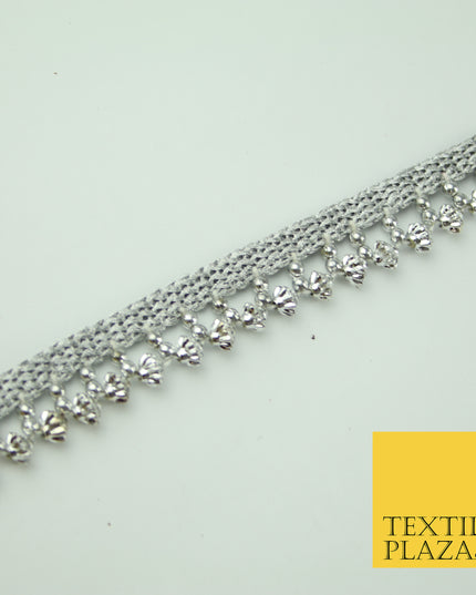 Silver Chrome Textured Pearl Cone Beaded Ribbon Trim Border Indian Lace X323