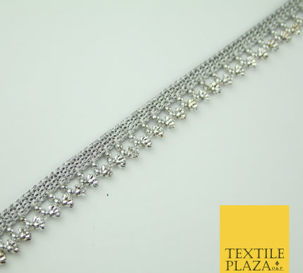 Silver Chrome Textured Pearl Cone Beaded Ribbon Trim Border Indian Lace X323