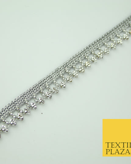 Silver Chrome Textured Pearl Cone Beaded Ribbon Trim Border Indian Lace X323