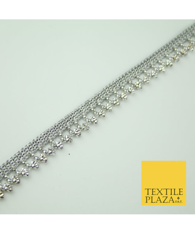 Silver Chrome Textured Pearl Cone Beaded Ribbon Trim Border Indian Lace X323