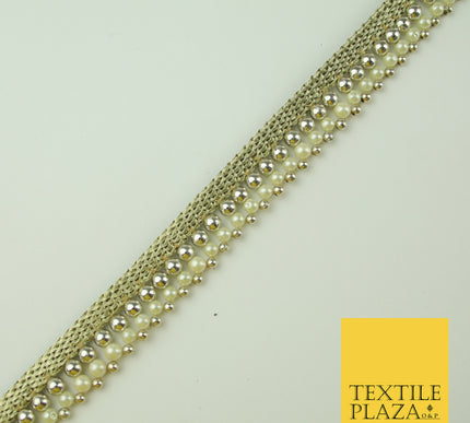White Gold Triple Chrome Sphere Pearl Beaded Ribbon Trim Border Indian Lace X324