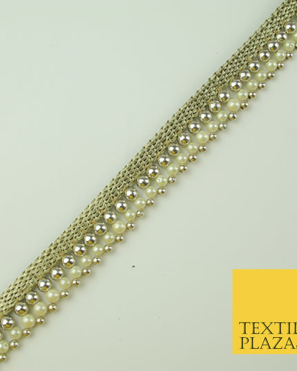 White Gold Triple Chrome Sphere Pearl Beaded Ribbon Trim Border Indian Lace X324