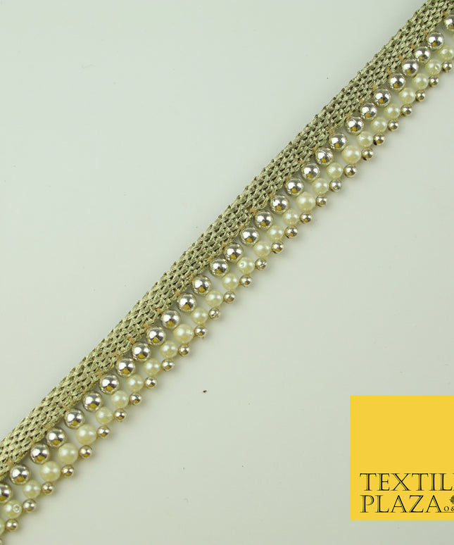 White Gold Triple Chrome Sphere Pearl Beaded Ribbon Trim Border Indian Lace X324