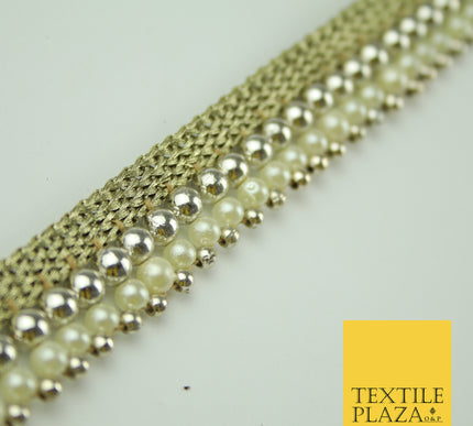 White Gold Triple Chrome Sphere Pearl Beaded Ribbon Trim Border Indian Lace X324