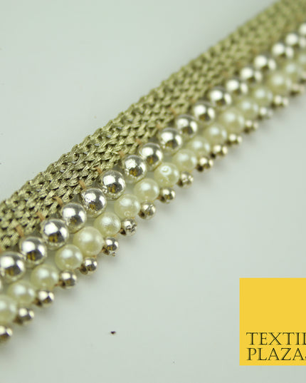 White Gold Triple Chrome Sphere Pearl Beaded Ribbon Trim Border Indian Lace X324