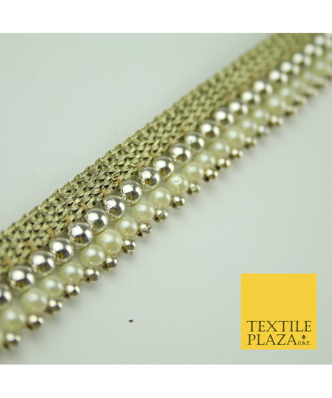 White Gold Triple Chrome Sphere Pearl Beaded Ribbon Trim Border Indian Lace X324