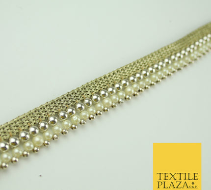 White Gold Triple Chrome Sphere Pearl Beaded Ribbon Trim Border Indian Lace X324