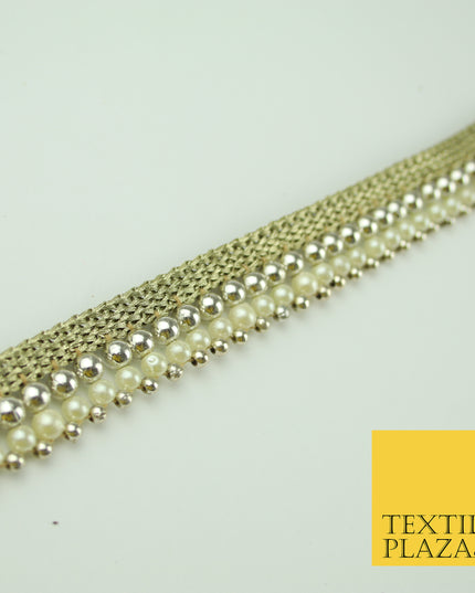 White Gold Triple Chrome Sphere Pearl Beaded Ribbon Trim Border Indian Lace X324