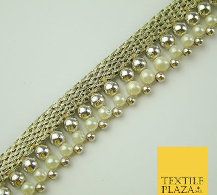 White Gold Triple Chrome Sphere Pearl Beaded Ribbon Trim Border Indian Lace X324