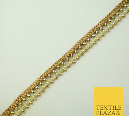 Antique Gold Triple Chrome Sphere Pearl Bead Ribbon Trim Border Indian Lace X325