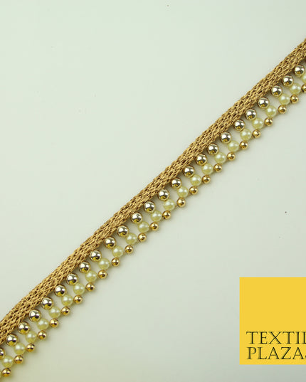 Antique Gold Triple Chrome Sphere Pearl Bead Ribbon Trim Border Indian Lace X325