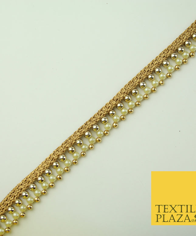 Antique Gold Triple Chrome Sphere Pearl Bead Ribbon Trim Border Indian Lace X325