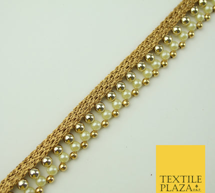 Antique Gold Triple Chrome Sphere Pearl Bead Ribbon Trim Border Indian Lace X325