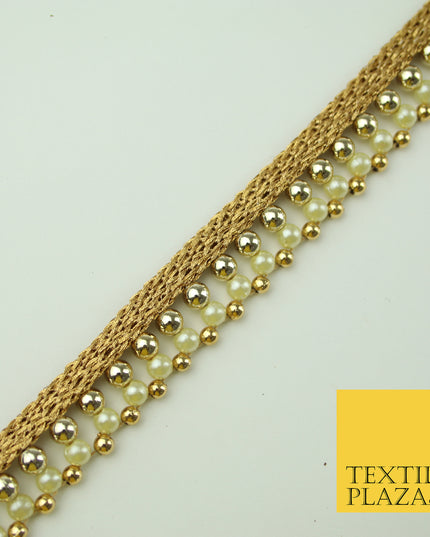 Antique Gold Triple Chrome Sphere Pearl Bead Ribbon Trim Border Indian Lace X325