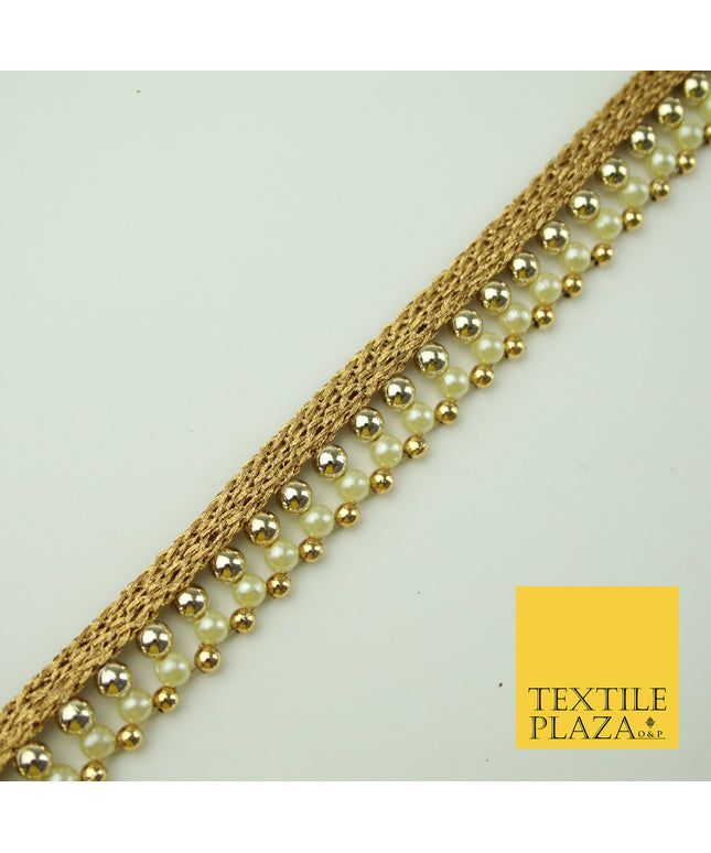Antique Gold Triple Chrome Sphere Pearl Bead Ribbon Trim Border Indian Lace X325