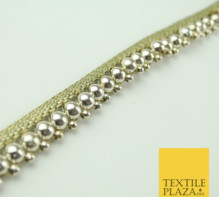 White Gold Chrome Shiny Sphere Pearl Beaded Ribbon Trim Border Indian Lace X328