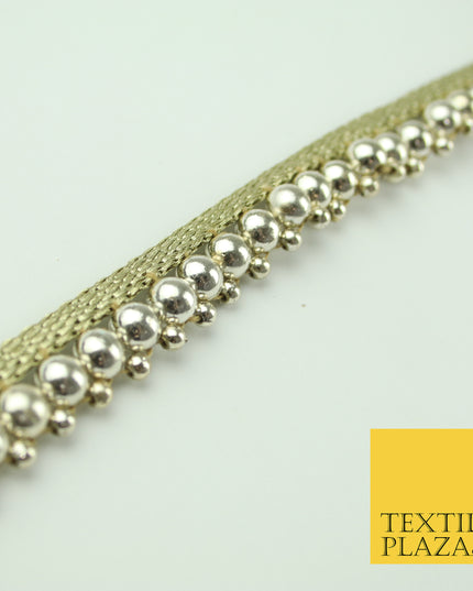 White Gold Chrome Shiny Sphere Pearl Beaded Ribbon Trim Border Indian Lace X328