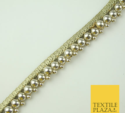 White Gold Chrome Shiny Sphere Pearl Beaded Ribbon Trim Border Indian Lace X328