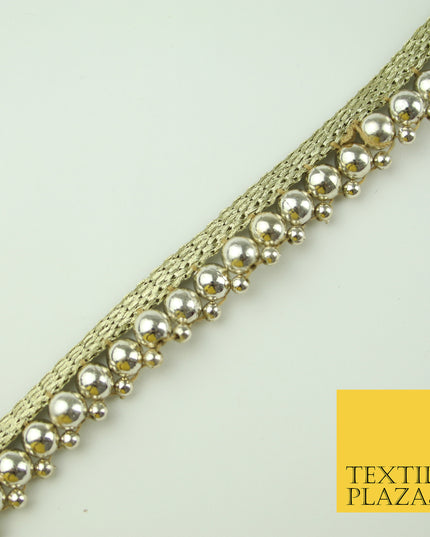 White Gold Chrome Shiny Sphere Pearl Beaded Ribbon Trim Border Indian Lace X328