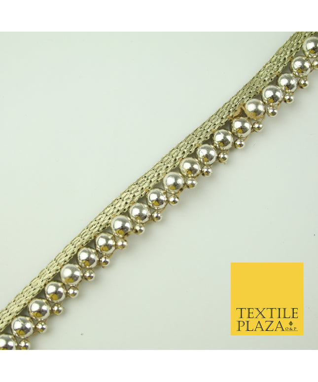 White Gold Chrome Shiny Sphere Pearl Beaded Ribbon Trim Border Indian Lace X328