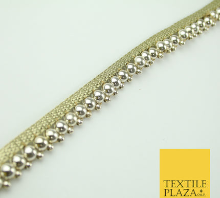White Gold Chrome Shiny Sphere Pearl Beaded Ribbon Trim Border Indian Lace X328