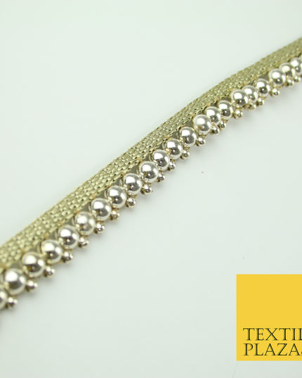 White Gold Chrome Shiny Sphere Pearl Beaded Ribbon Trim Border Indian Lace X328