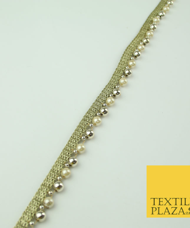 Ivory White Gold Mini Chrome Pearl Beaded Ribbon Trim Border Indian Lace X331