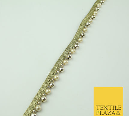 Ivory White Gold Mini Chrome Pearl Beaded Ribbon Trim Border Indian Lace X331