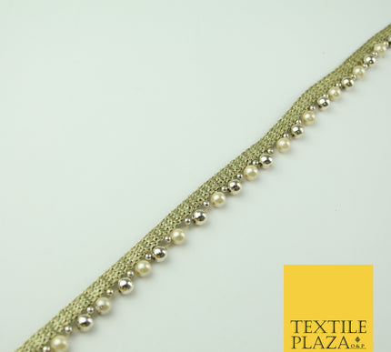 Ivory White Gold Mini Chrome Pearl Beaded Ribbon Trim Border Indian Lace X331