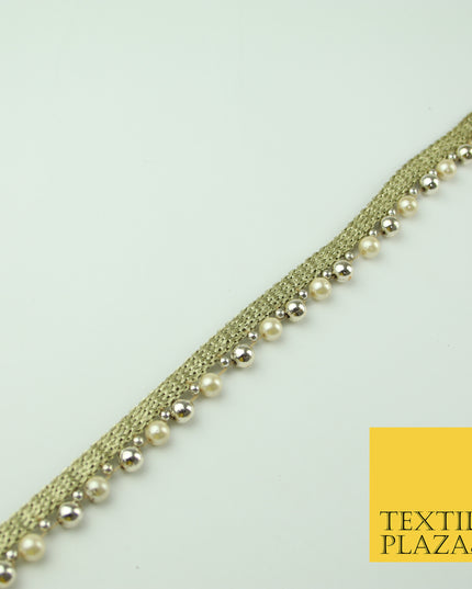 Ivory White Gold Mini Chrome Pearl Beaded Ribbon Trim Border Indian Lace X331