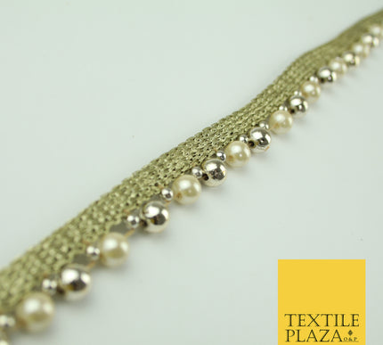 Ivory White Gold Mini Chrome Pearl Beaded Ribbon Trim Border Indian Lace X331