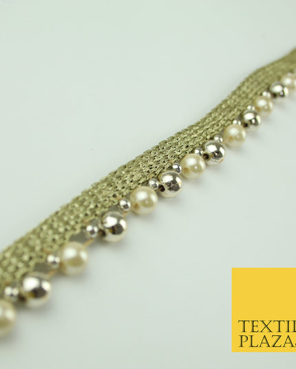 Ivory White Gold Mini Chrome Pearl Beaded Ribbon Trim Border Indian Lace X331