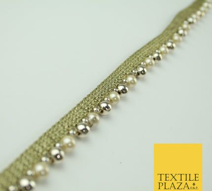 Ivory White Gold Mini Chrome Pearl Beaded Ribbon Trim Border Indian Lace X331