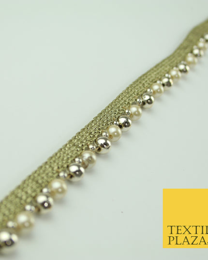 Ivory White Gold Mini Chrome Pearl Beaded Ribbon Trim Border Indian Lace X331