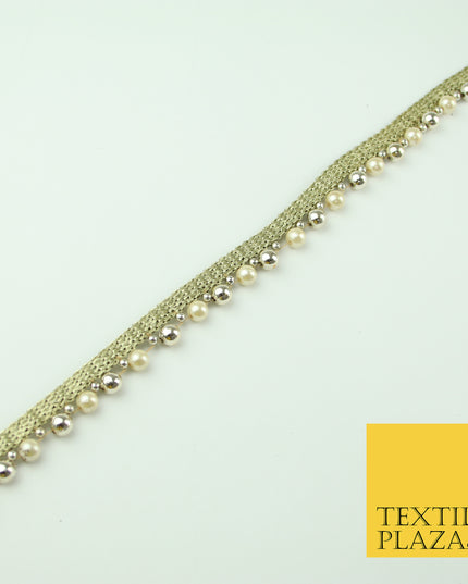 Ivory White Gold Mini Chrome Pearl Beaded Ribbon Trim Border Indian Lace X331