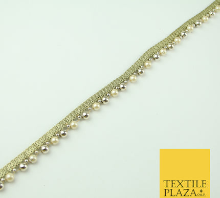 Ivory White Gold Mini Chrome Pearl Beaded Ribbon Trim Border Indian Lace X331