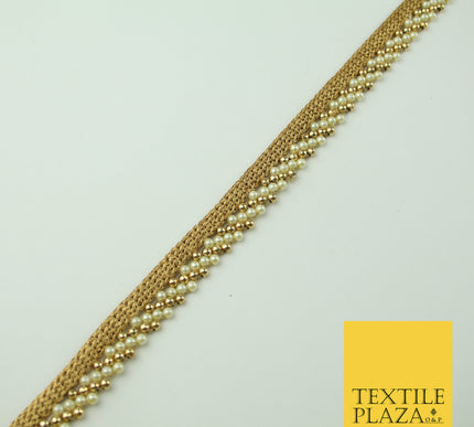 Ivory Gold Pearl Honeycomb Striped Beaded Ribbon Trim Border Indian Lace X332