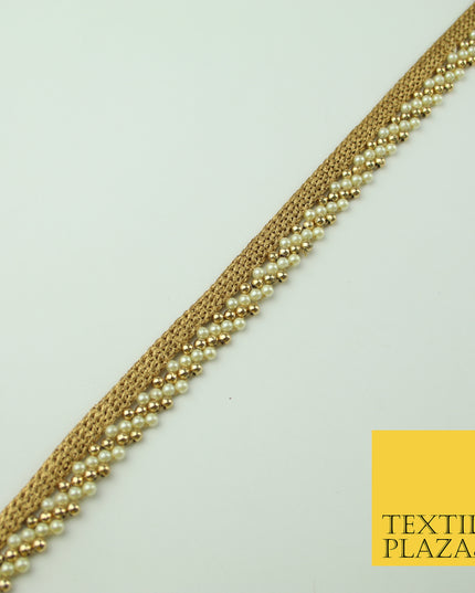 Ivory Gold Pearl Honeycomb Striped Beaded Ribbon Trim Border Indian Lace X332