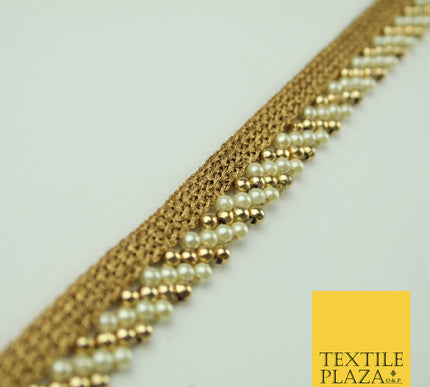 Ivory Gold Pearl Honeycomb Striped Beaded Ribbon Trim Border Indian Lace X332