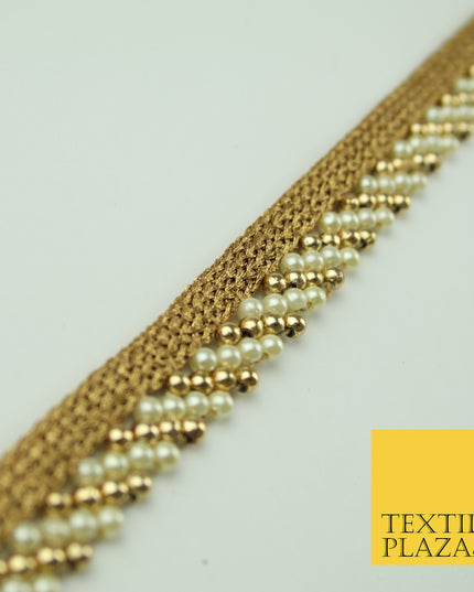 Ivory Gold Pearl Honeycomb Striped Beaded Ribbon Trim Border Indian Lace X332