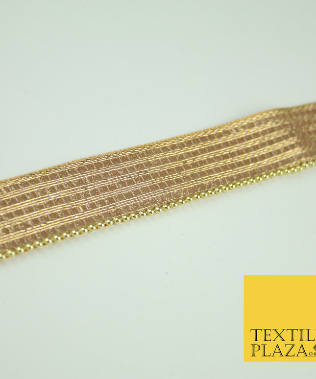 Gold 5 Row Glitter Shimmer Lines Pearl Beaded Zari Trim Border Ribbon Lace X352