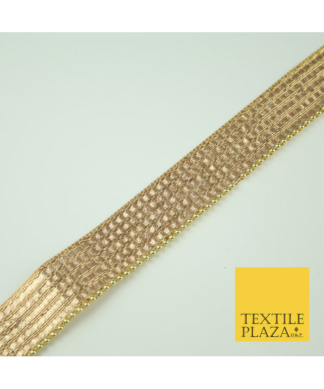 Gold 5 Row Glitter Shimmer Lines Pearl Beaded Zari Trim Border Ribbon Lace X352