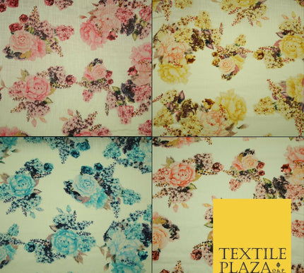 Vintage Carnation Bouquets Luxury 100% Pure Printed Floral Cotton Linen Fabric