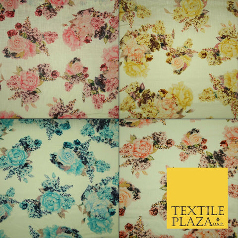 Vintage Carnation Bouquets Luxury 100% Pure Printed Floral Cotton Linen Fabric